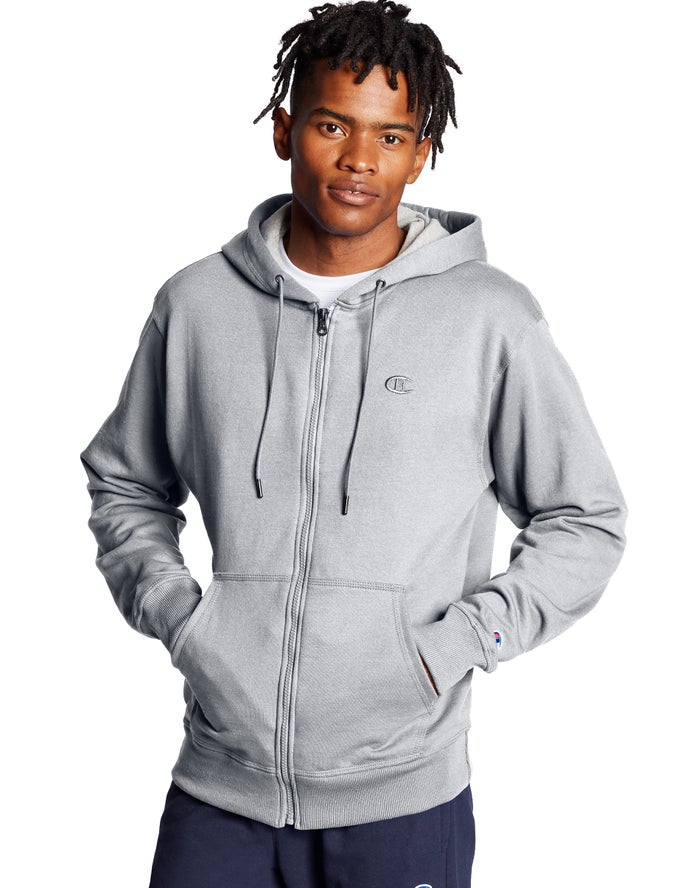 Champion Powerblend Fleece Full Zip C Logo Erkek Kapşonlu Sweatshirt Gri ( PLFXHY389 )